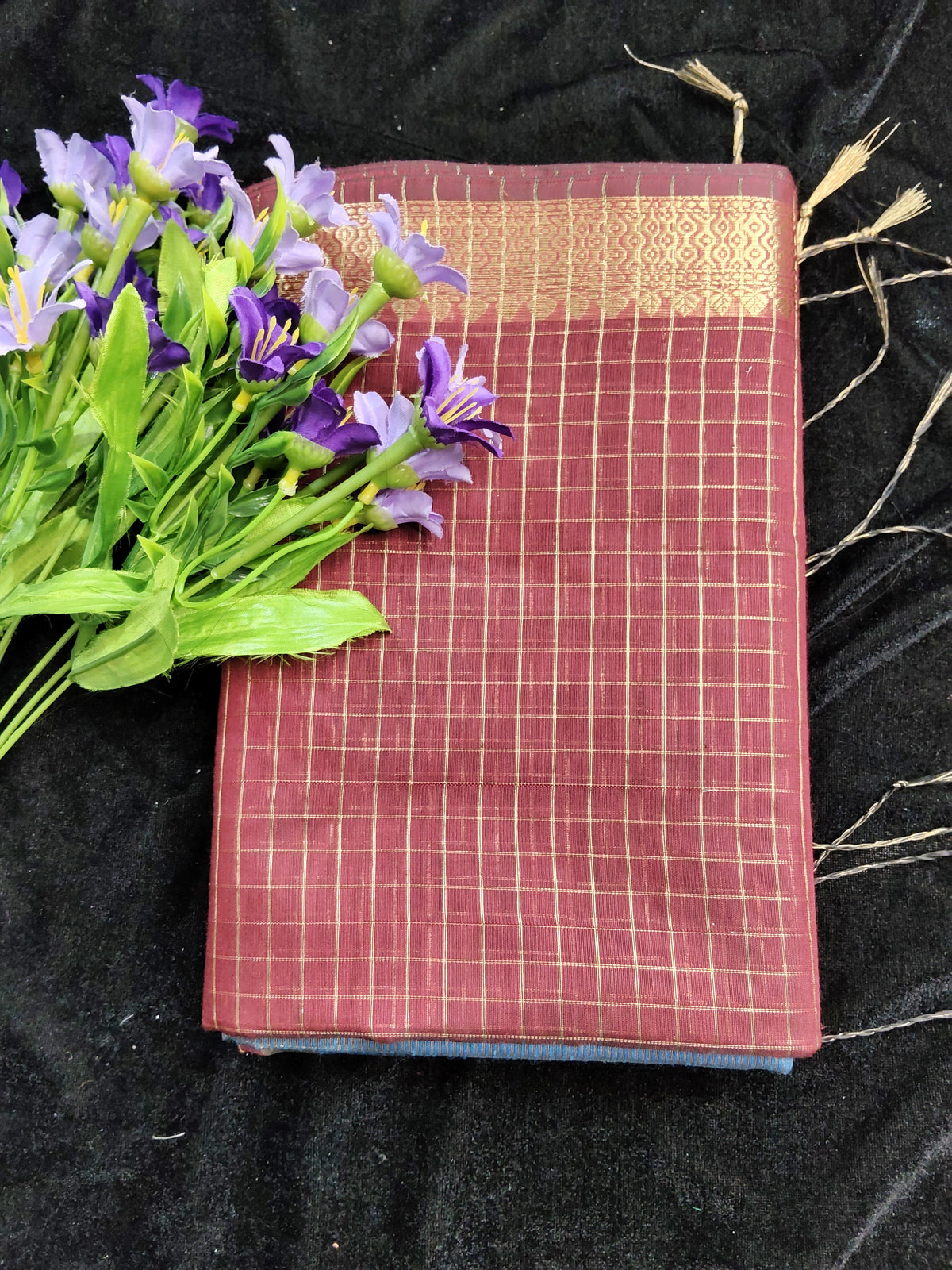 Premium maheshwari checks cotton silk saree (maroon and blue)