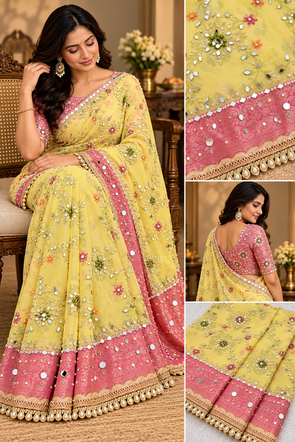 Yellow and pink mirror Georgette Banarasi silk saree