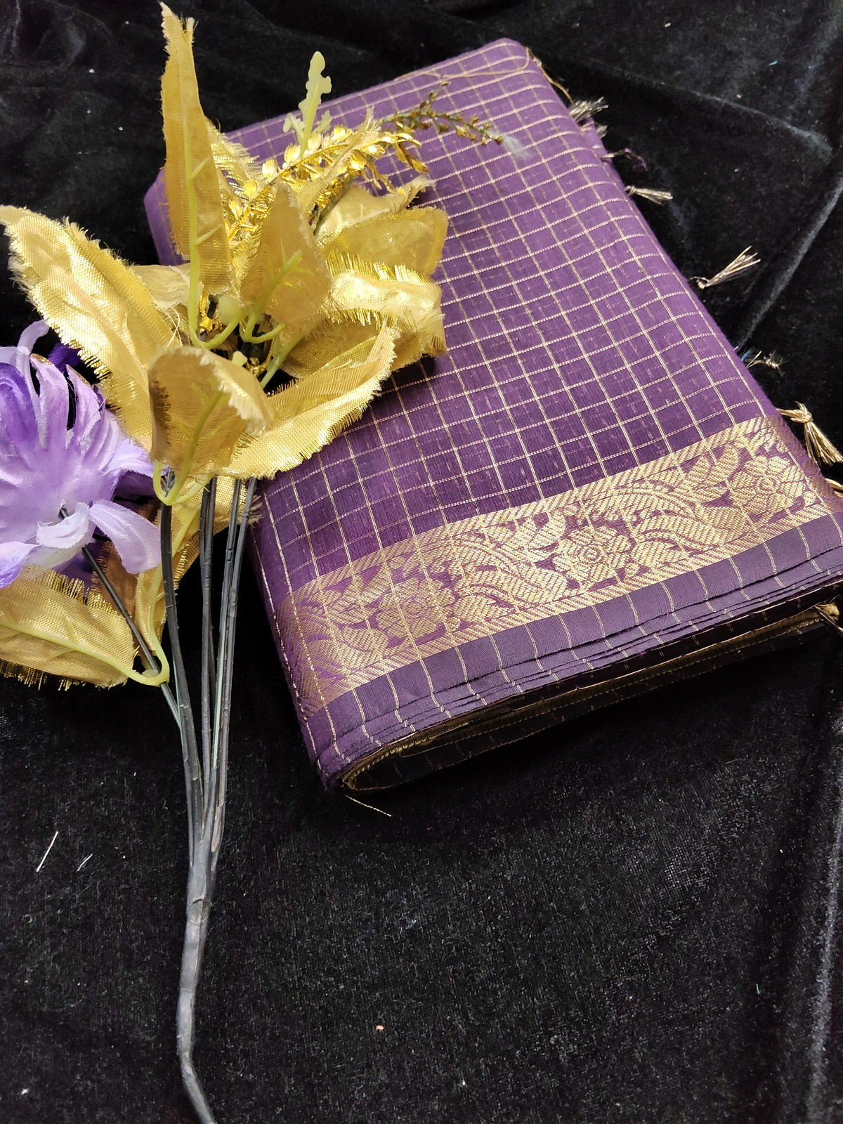 Premium maheshwari checks cotton silk saree (purple and mustard yellow)
