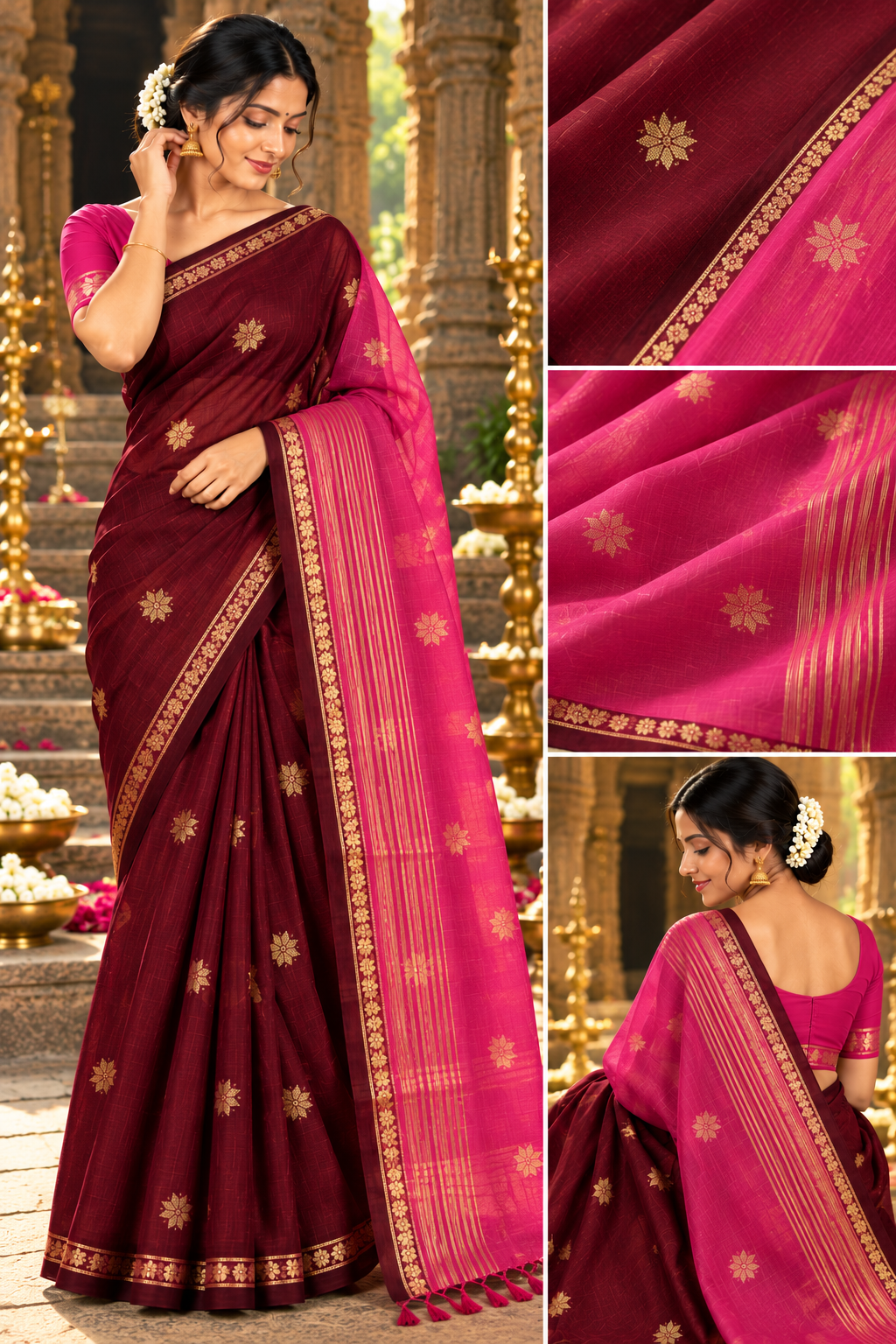 Premium cotton saree (maroon and pink)