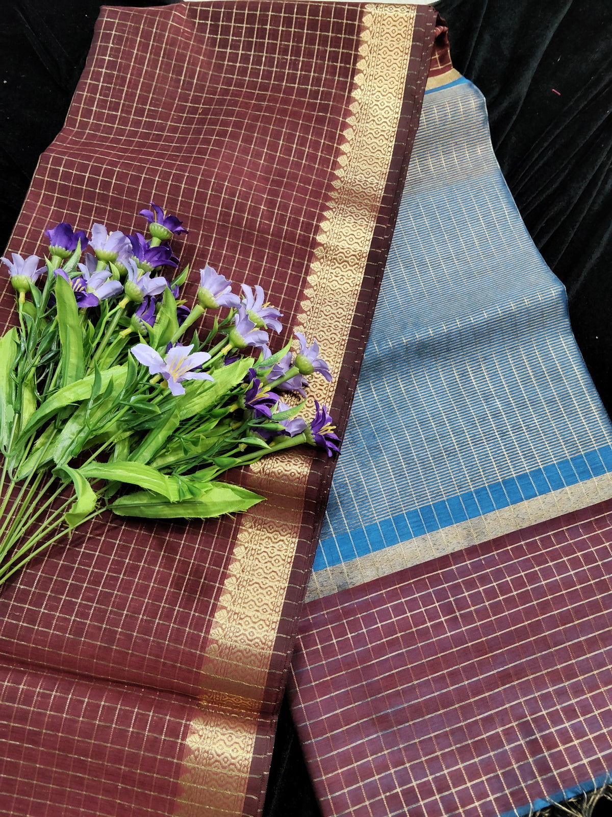 Premium maheshwari checks cotton silk saree (maroon and blue)
