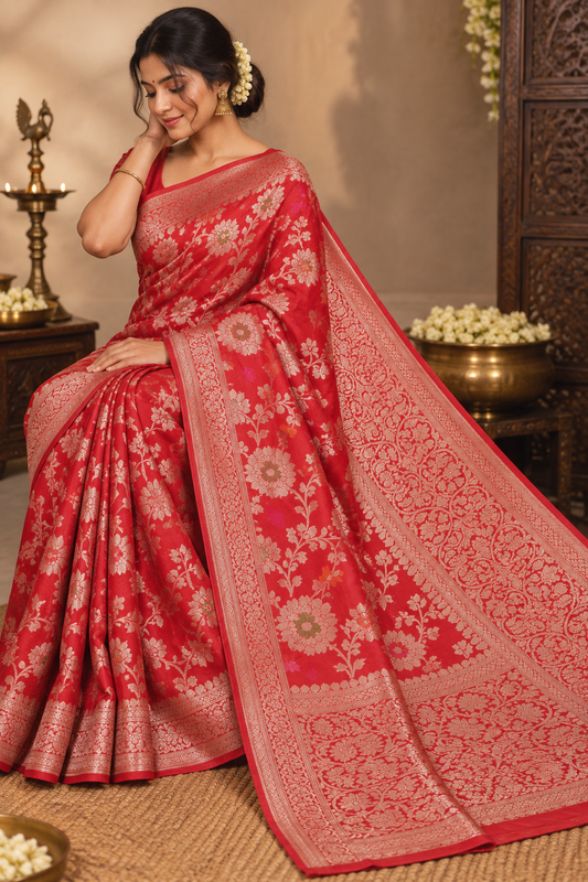 Banarsi jal silk mixe georget saree (red )