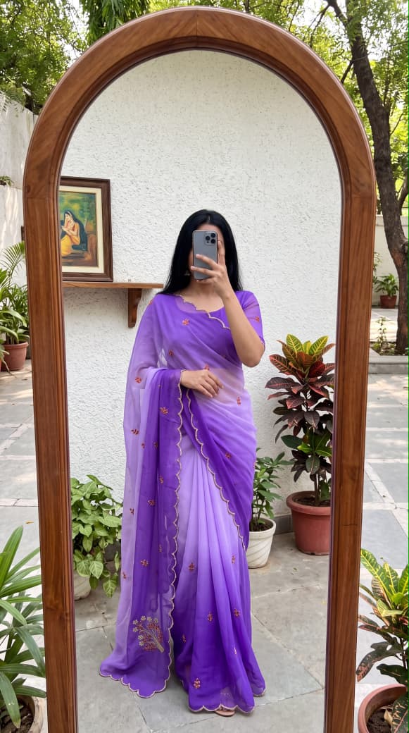 Soft georgette saree with seroski handwork 🪻 lavendor