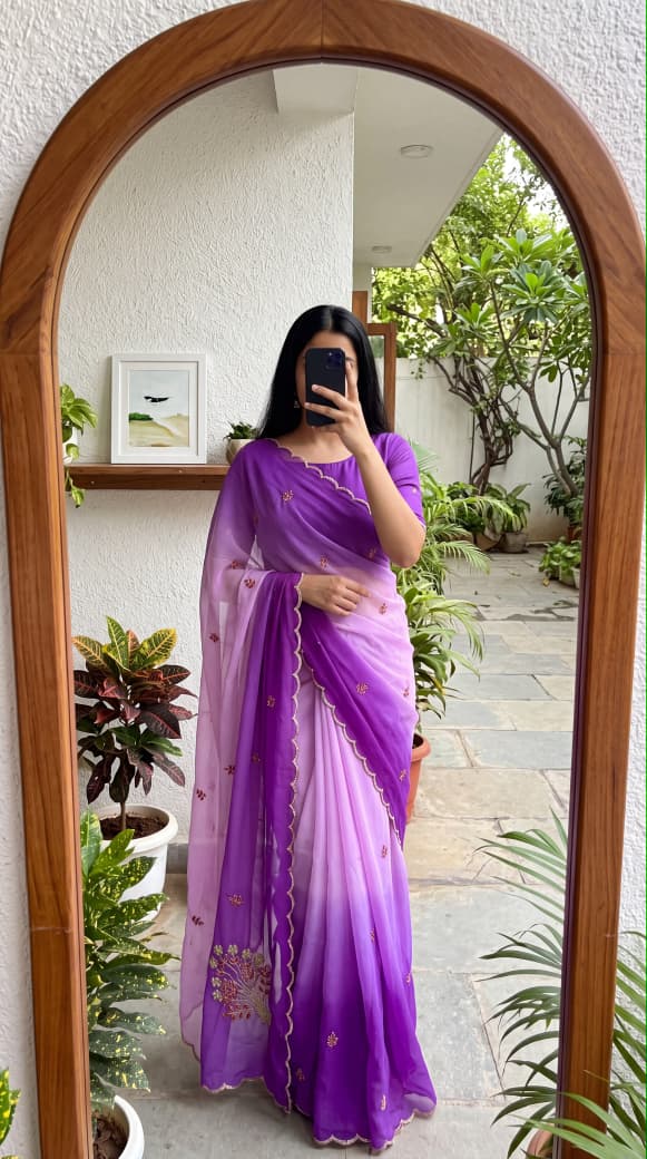 Soft georgette saree with seroski handwork 🪻 lavendor