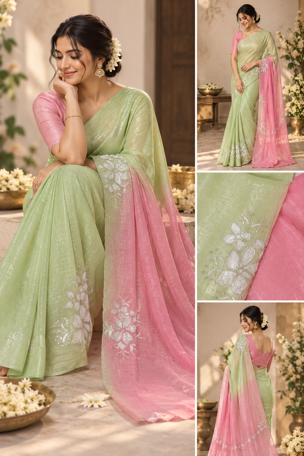 Embroidery scallop crush saree (pink & parrot green)