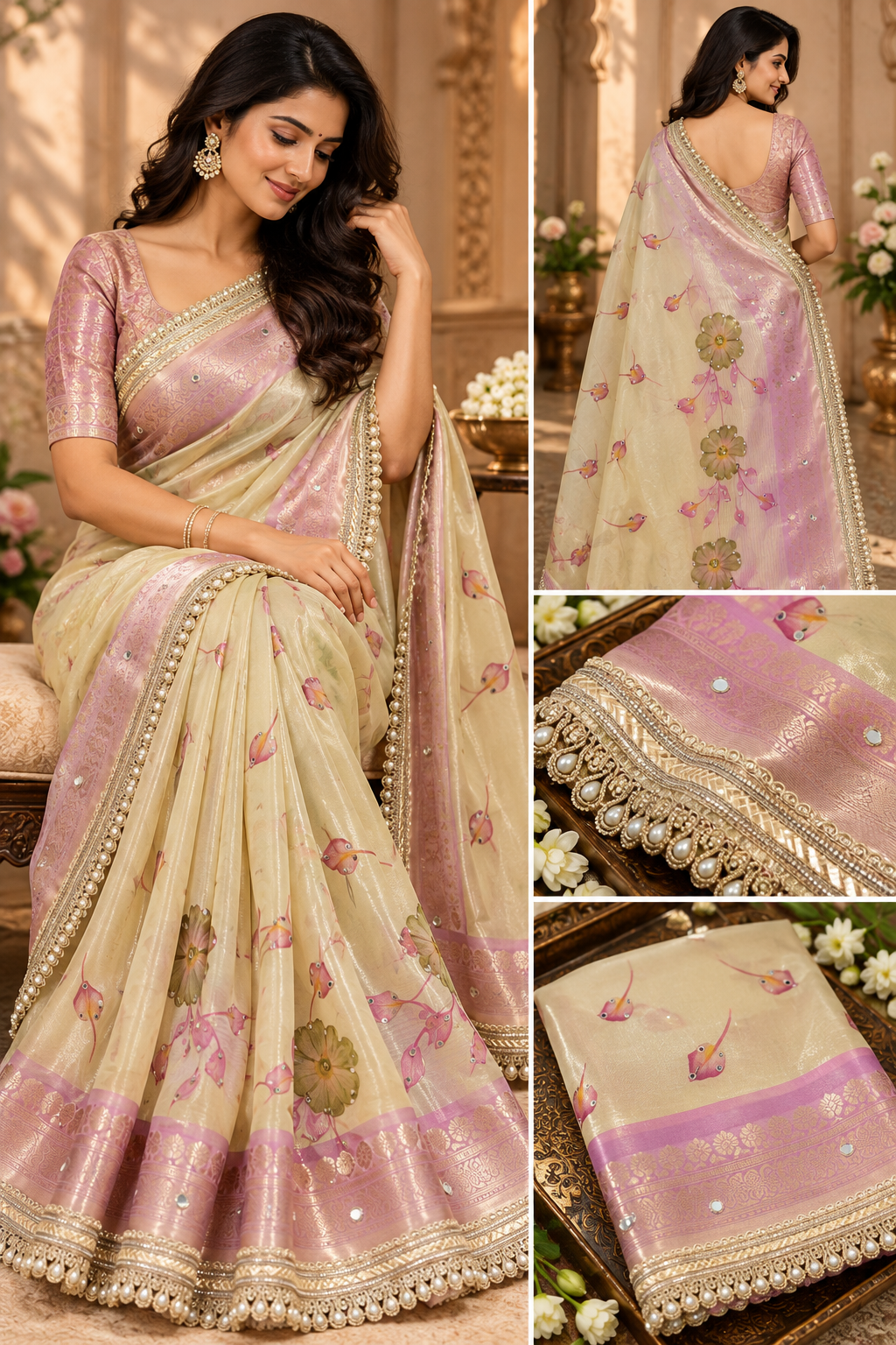 Tissue mirror work saree
