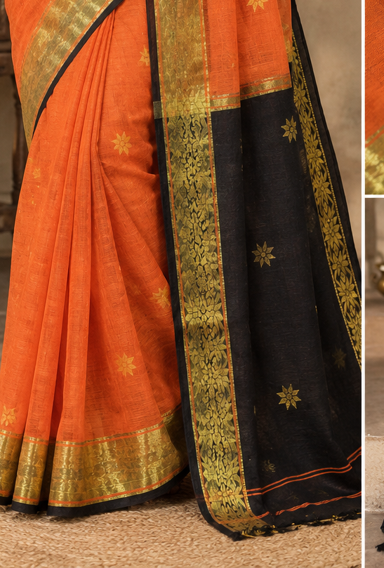 Premium cotton saree (Black and orange)