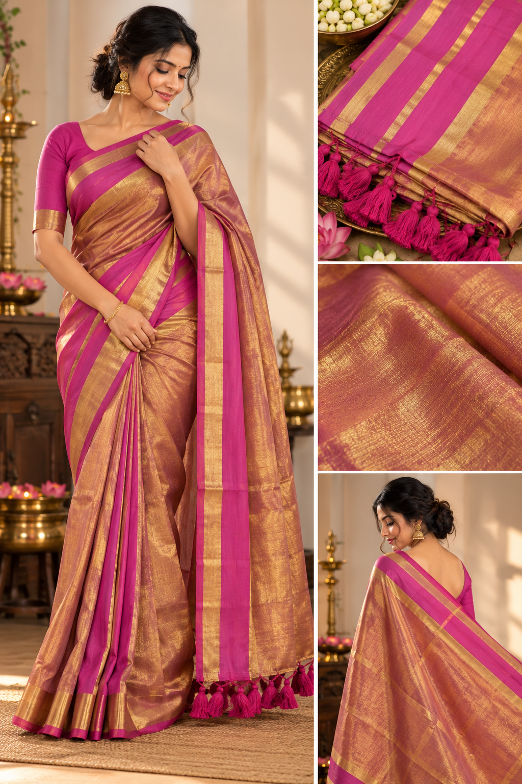 Tissue mull cotton saree (pink)