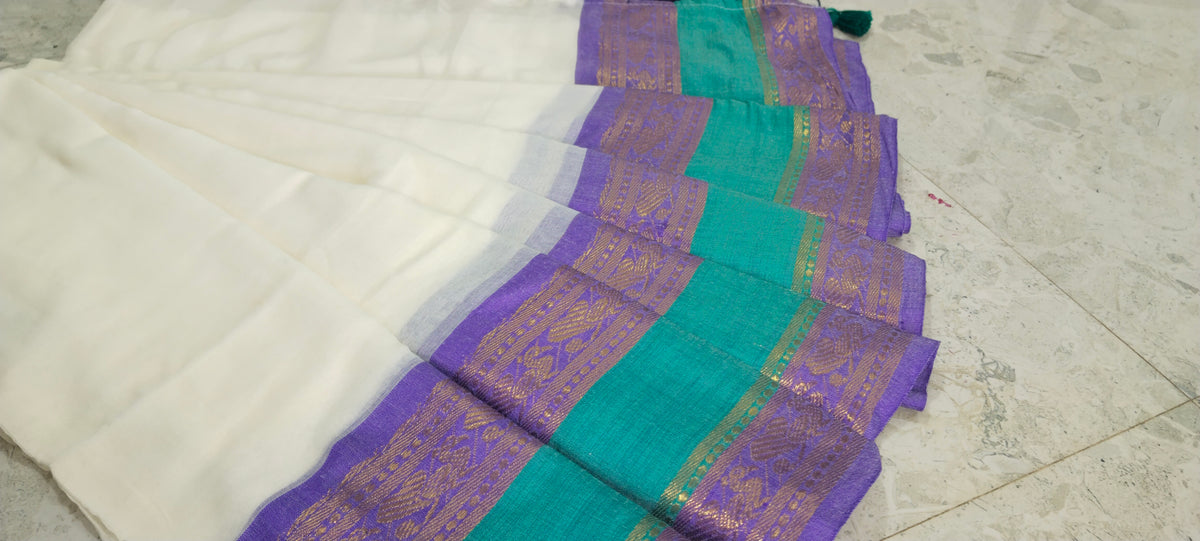 Mull cotton saree with (white, purple and rama green)