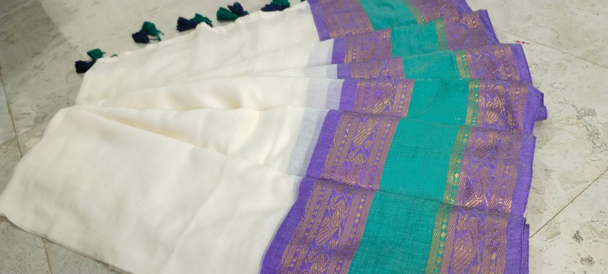 Mull cotton saree with (white, purple and rama green)