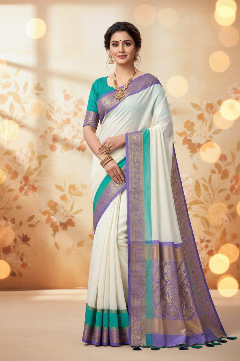 Mull cotton saree with (white, purple and rama green)