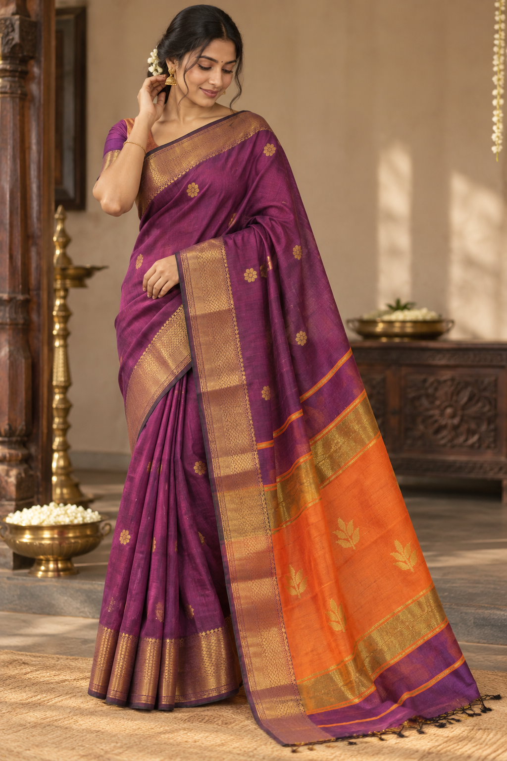 Premium cotton saree (purple and orange)