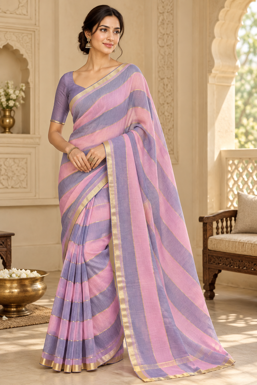 Mull  cotton strips saree with light pink and purple