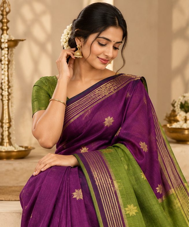 Premium cotton sarees (purple and green)