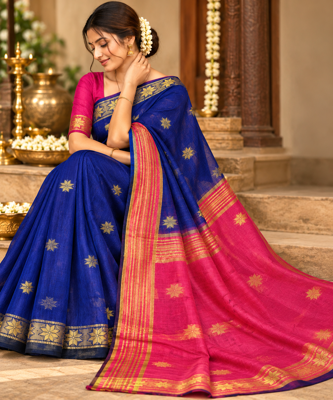 Premium cotton saree (blue and pink)