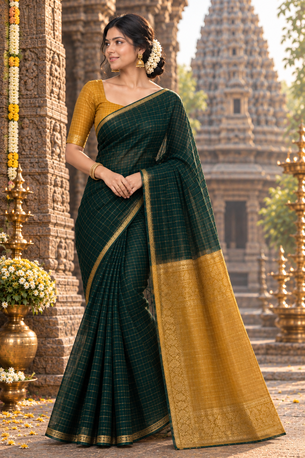Premium maheshwari checks cotton silk saree ( bottle green and mustard yellow)