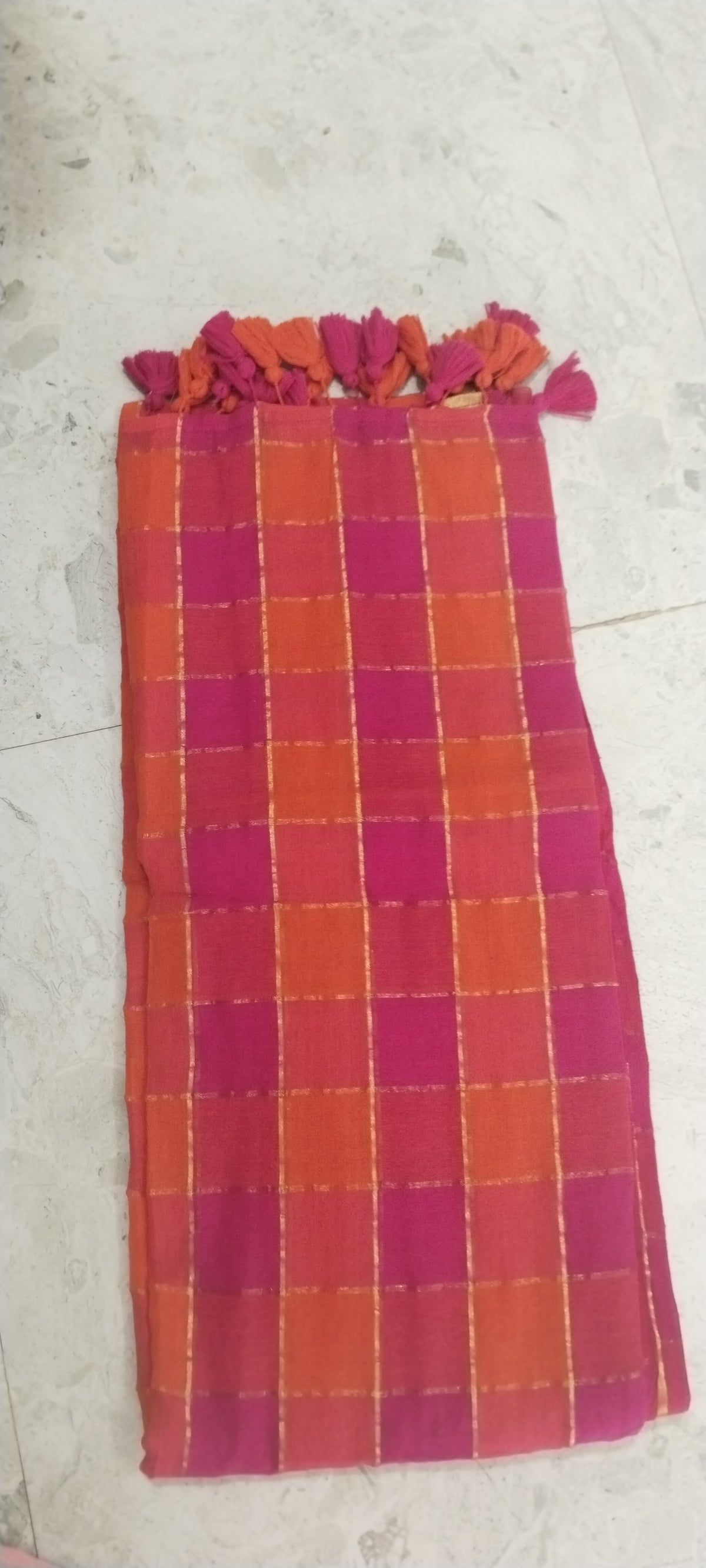 Mull cotton checks saree ( pink and orange)