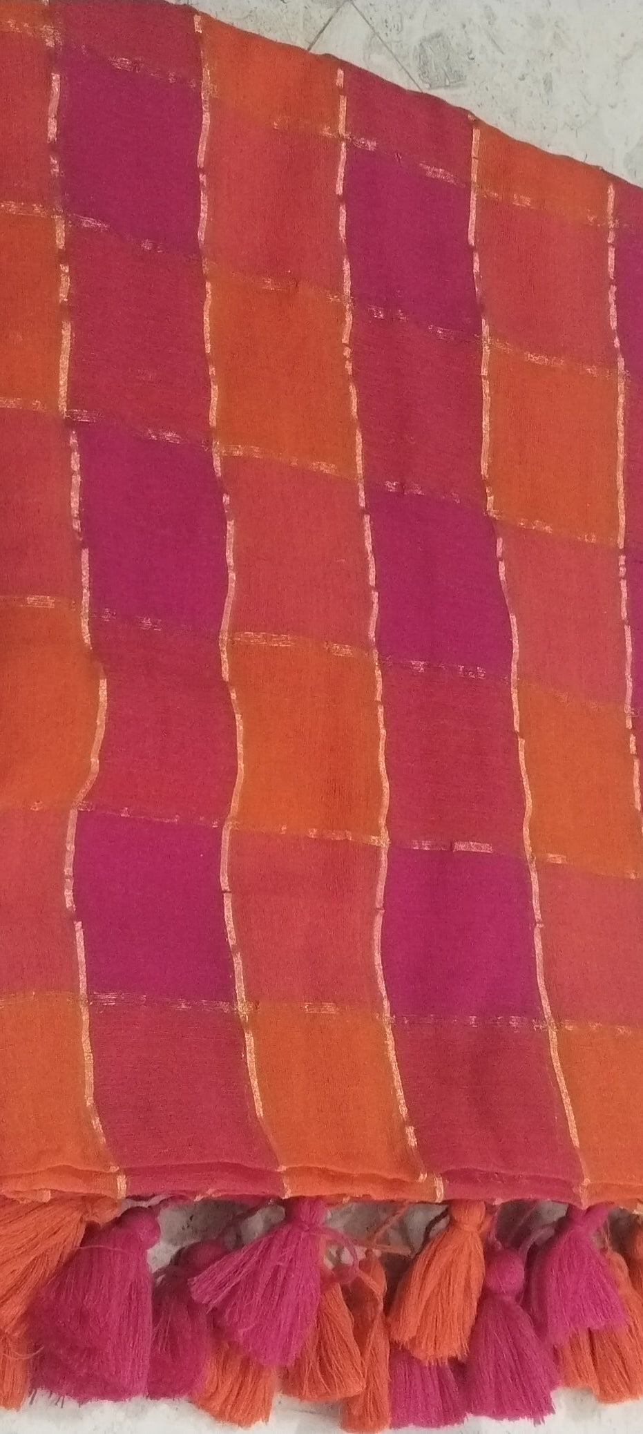 Mull cotton checks saree ( pink and orange)