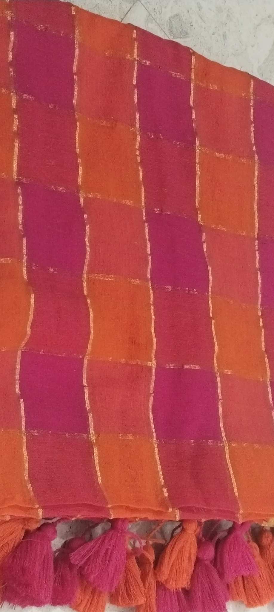Mull cotton checks saree ( pink and orange)