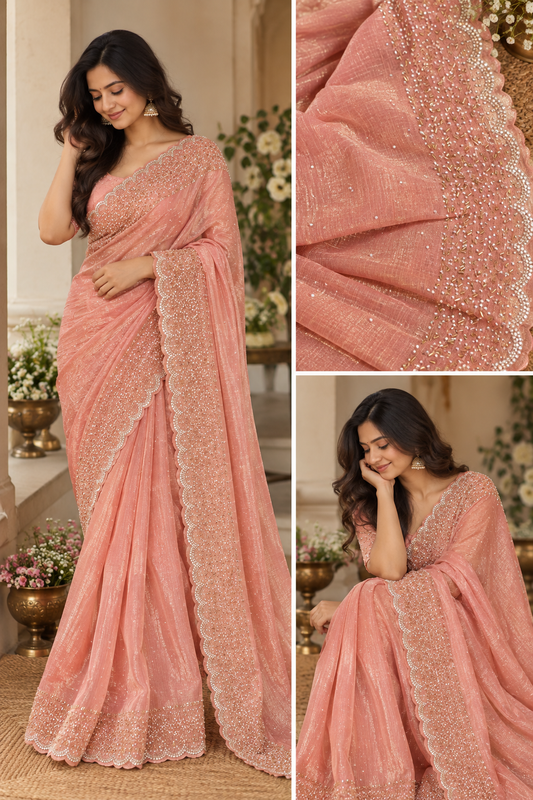 Bling Border saree with stone work (peach pink)