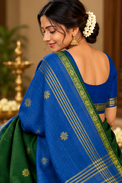 Premium  cotton saree (bottle green and blue)