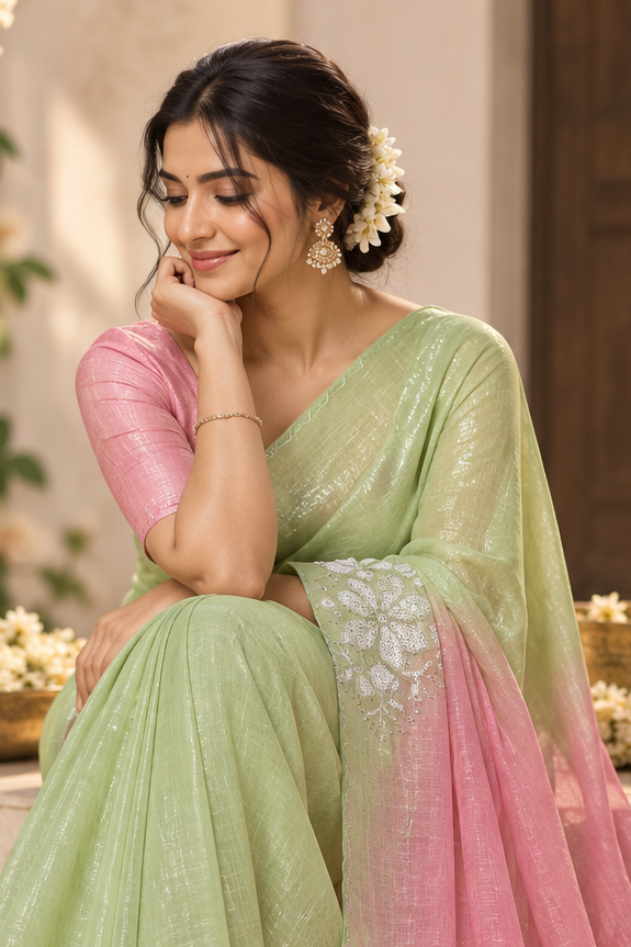 Embroidery scallop crush saree (pink & parrot green)