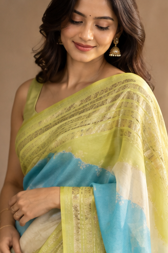 Marshmellow Rankat saree ( green)