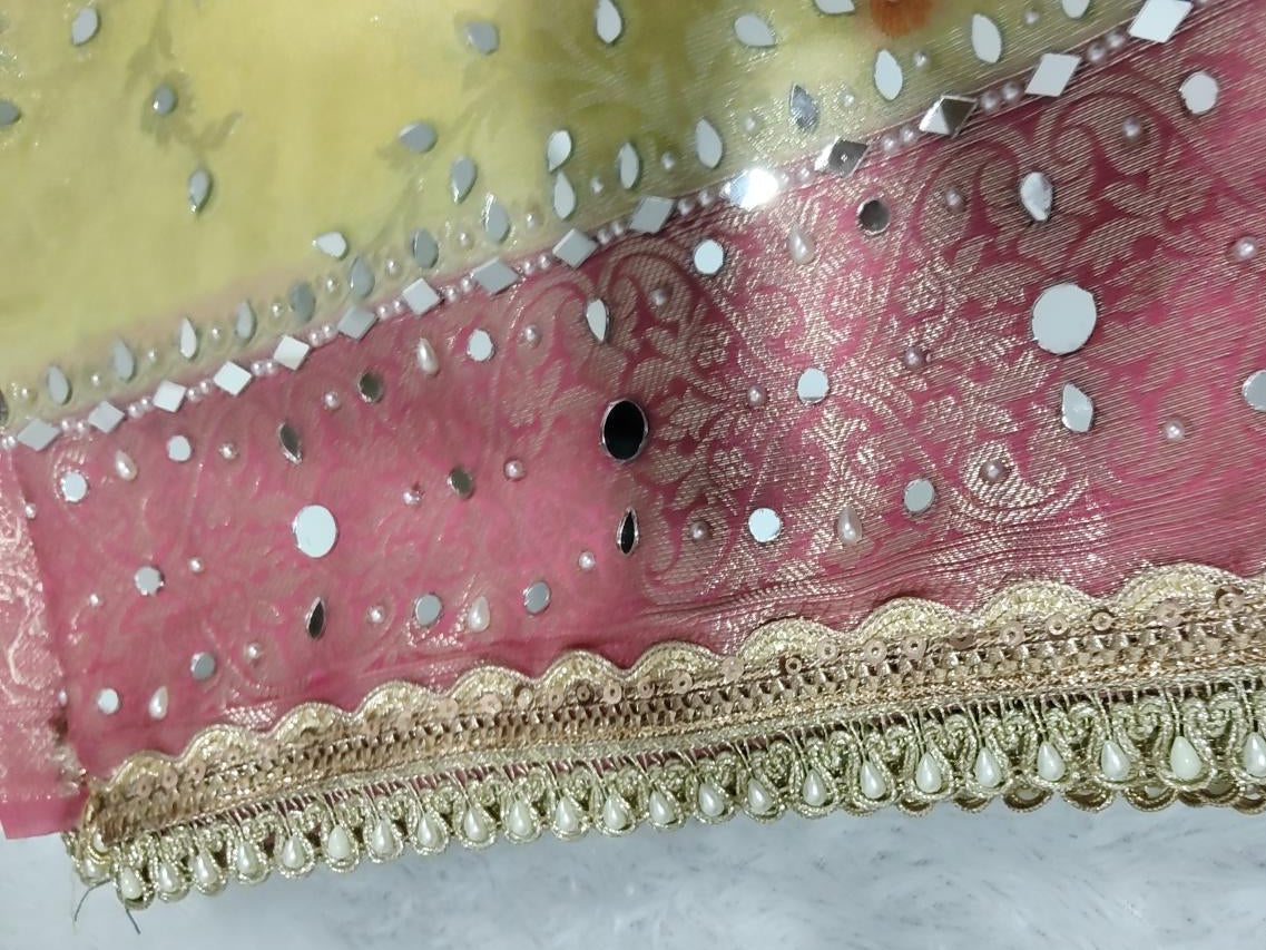 Yellow and pink mirror Georgette Banarasi silk saree