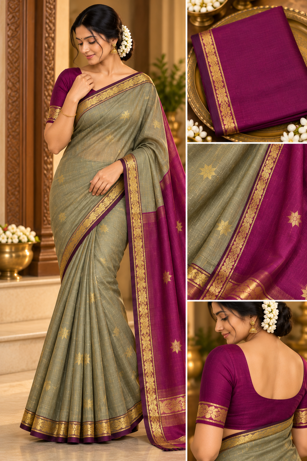 Premium cotton saree (grey and purple)