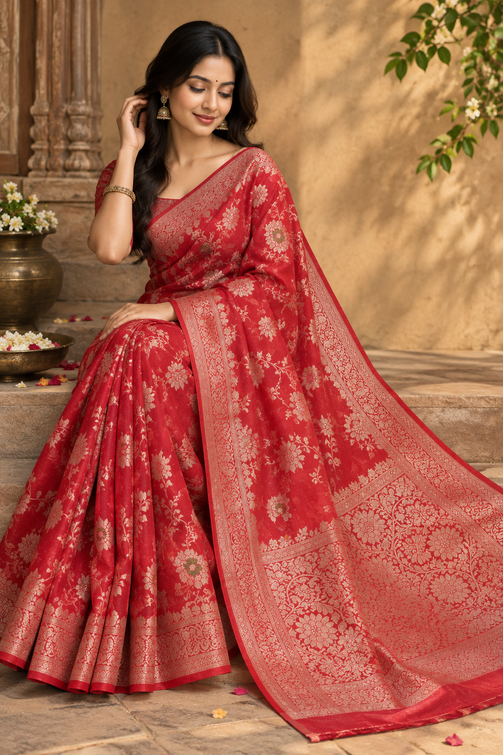 Banarsi jal silk mixe georget saree (red )