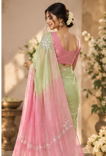 Embroidery scallop crush saree (pink & parrot green)