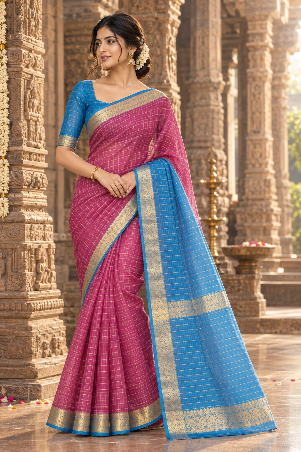 Premium maheshwari checks cotton silk saree (pink and blue)