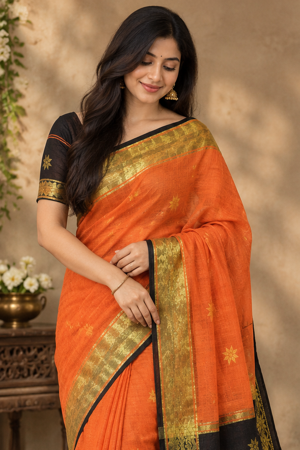 Premium cotton saree (Black and orange)