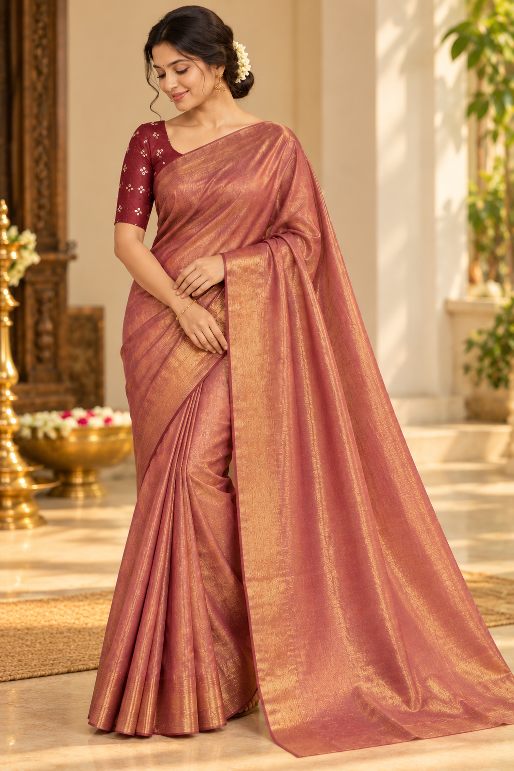 Gold Tissue cotton saree (maroon)