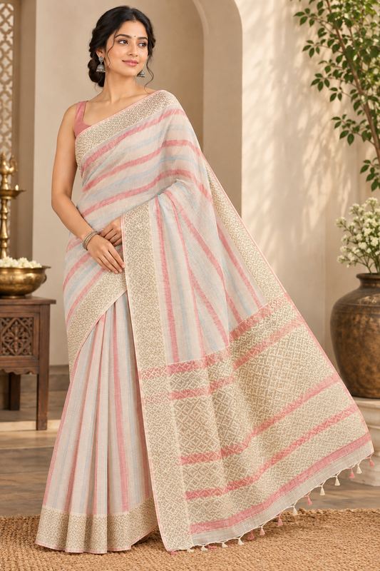 Banarsi pure Kota cotton reddish and cream saree