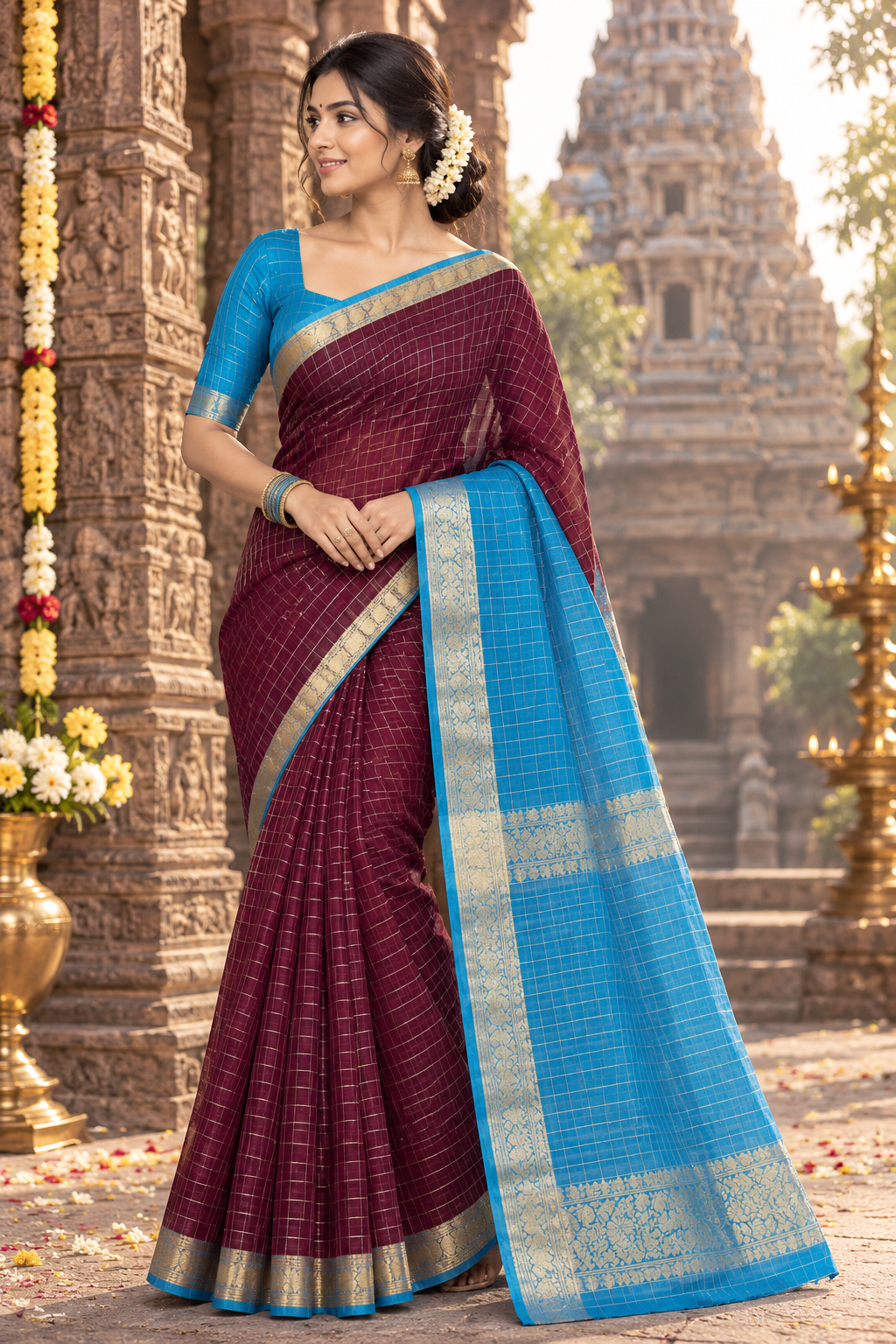 Premium maheshwari checks cotton silk saree (maroon and blue)