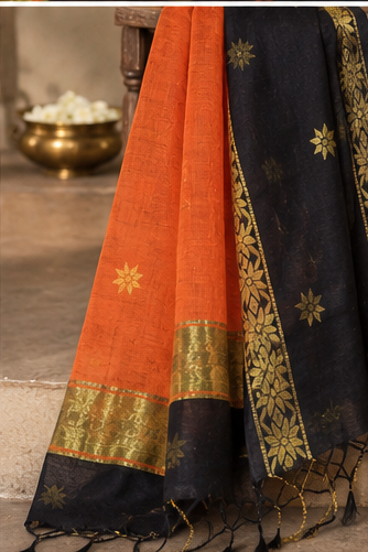 Premium cotton saree (Black and orange)