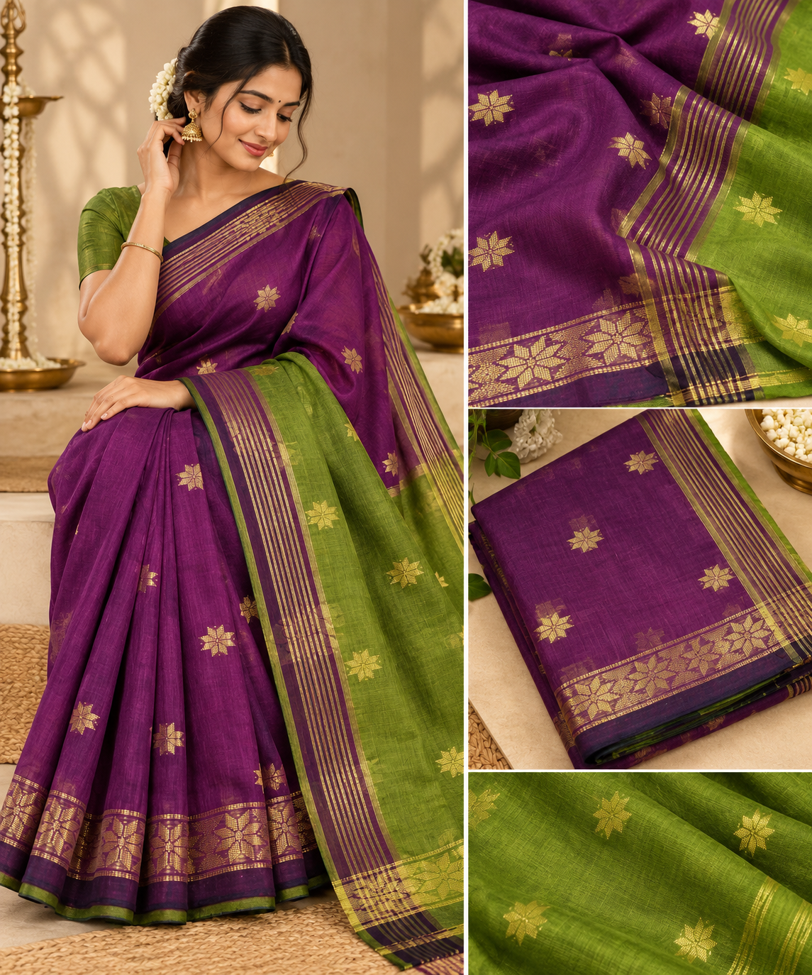 Premium cotton sarees (purple and green)