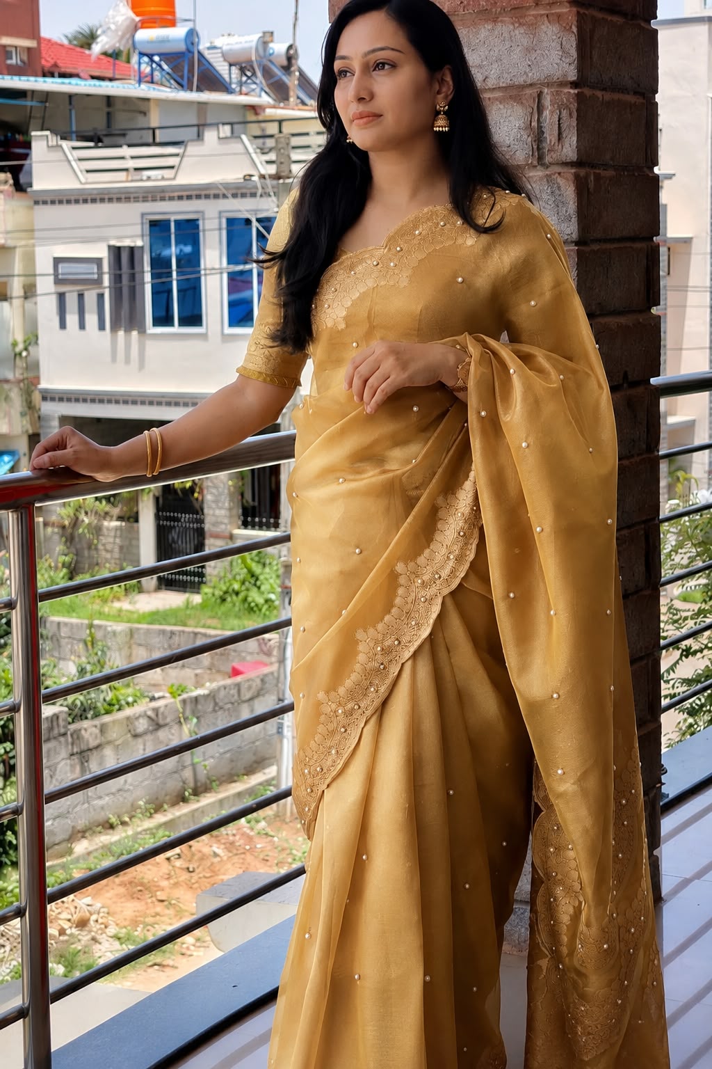 Tissue scalloped bead hand work saree
