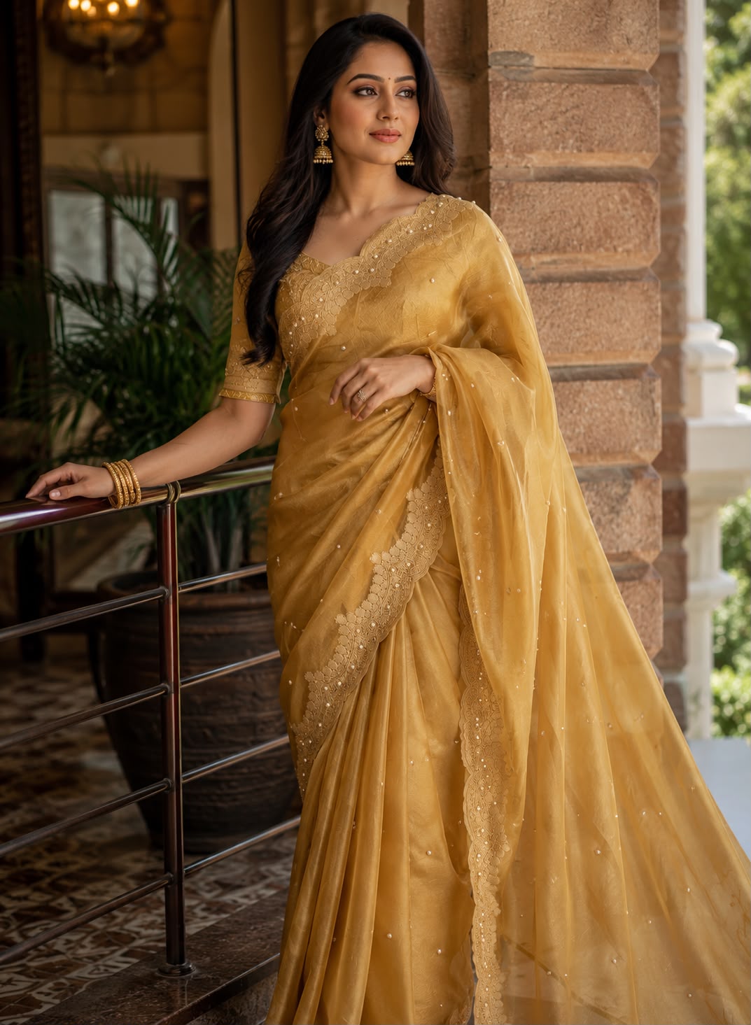 Tissue scalloped bead hand work saree