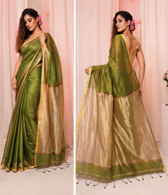 Parrot Green Khadi Jhari Sarees