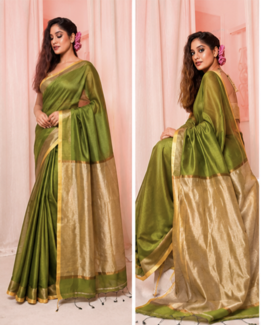 Parrot Green Khadi Jhari Sarees