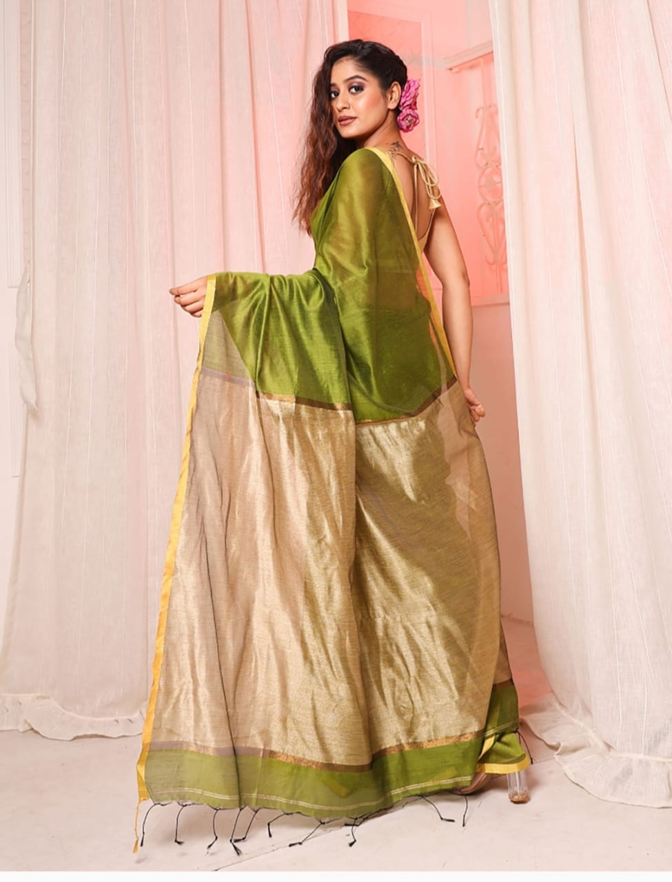 Parrot Green Khadi Jhari Sarees